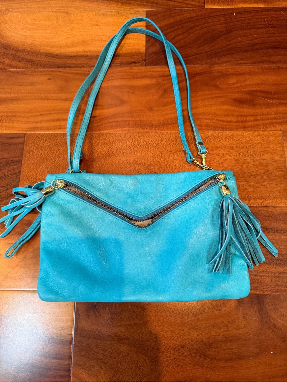 Turquoise Leather Tassel Shoulder Bag - Italian Leather